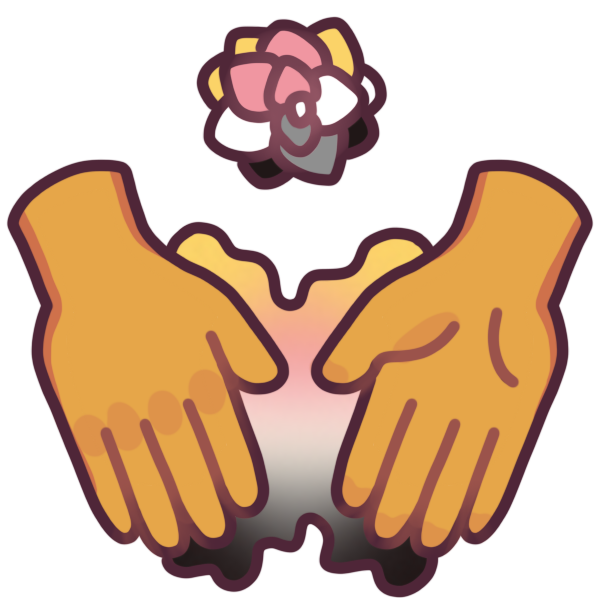 two hands held near each other, connected by a yellow, pink, white, grey, and black blob, and a multicolored rose with the same color petals above them.